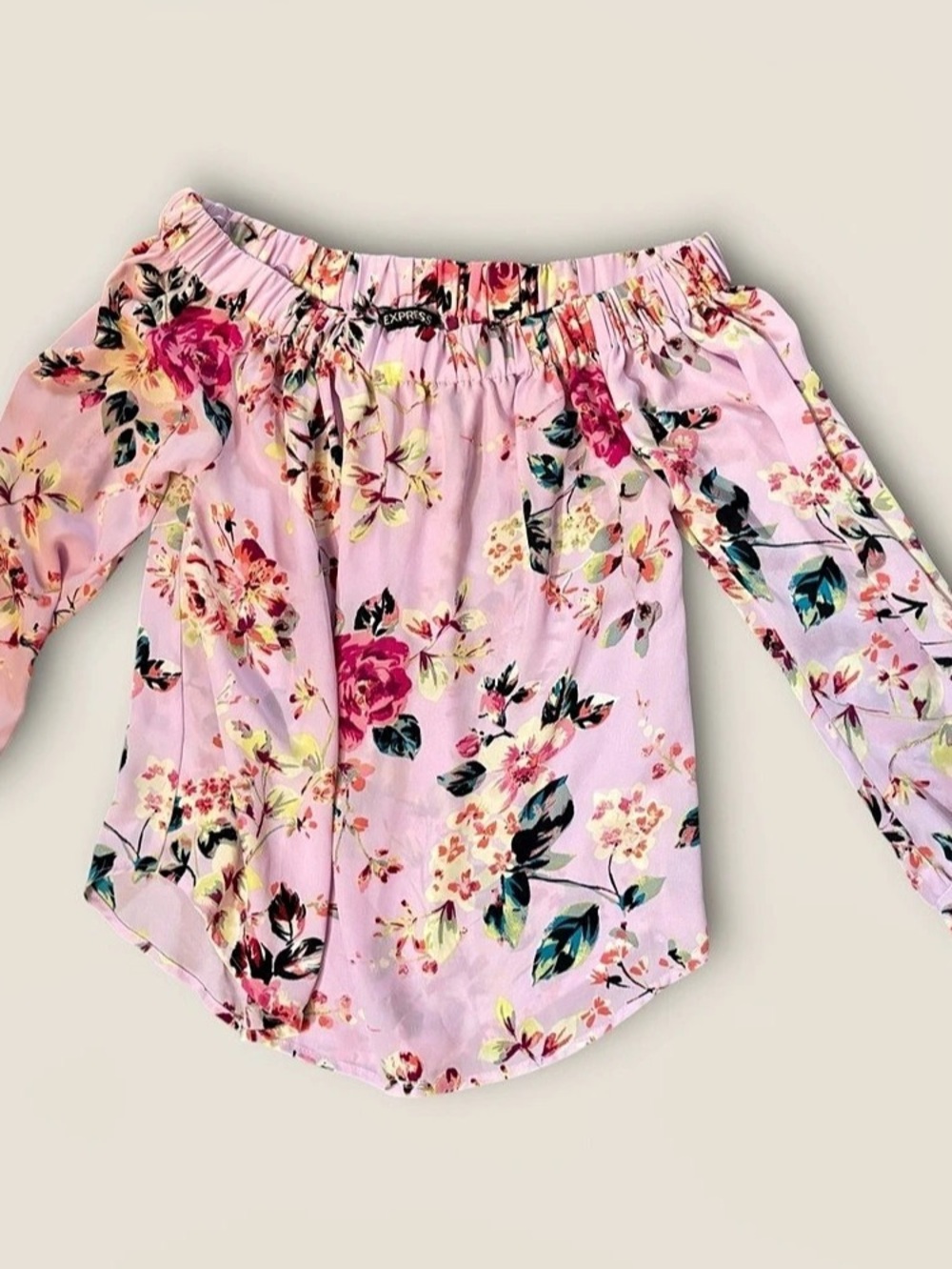Express Chiffon Rose Floral Off-the-Shoulder Tie Sleeve Blouse Purple
